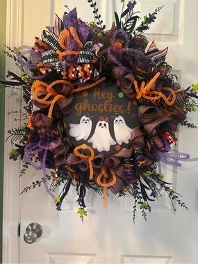Hey Ghosties! Halloween Wreath in Purple, Orange, Black